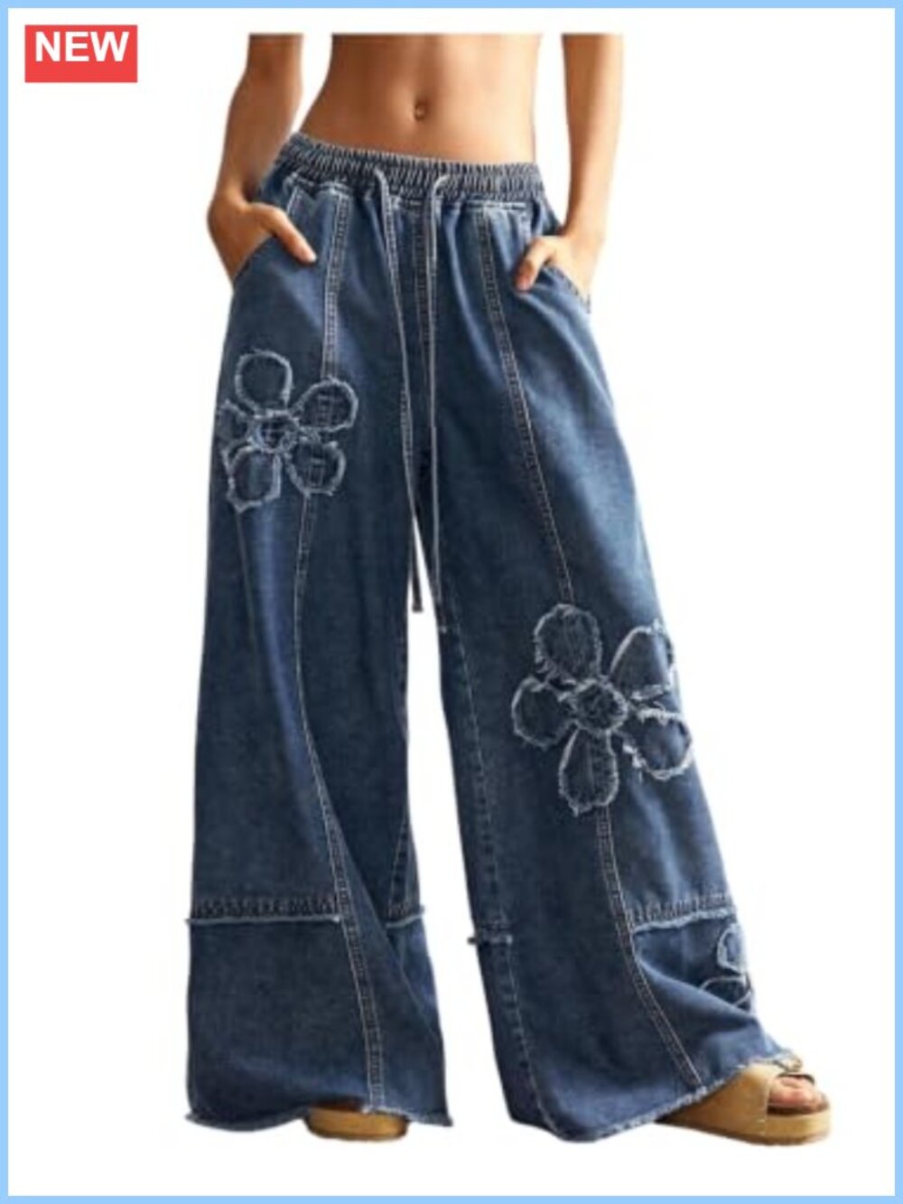 Wide Leg Baggy Jeans Low Rise Drawstring Floral Denim Boho Pants
